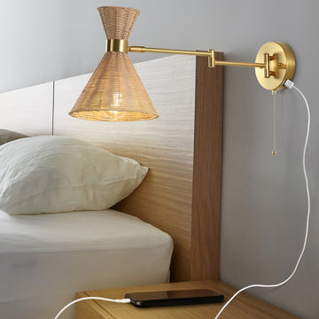 Lily 25" 1-Light Mid-Century Vintage Retro Rattan/Metal USB Charging Swing Arm LED Sconce with Pull Chain - JONATHAN Y